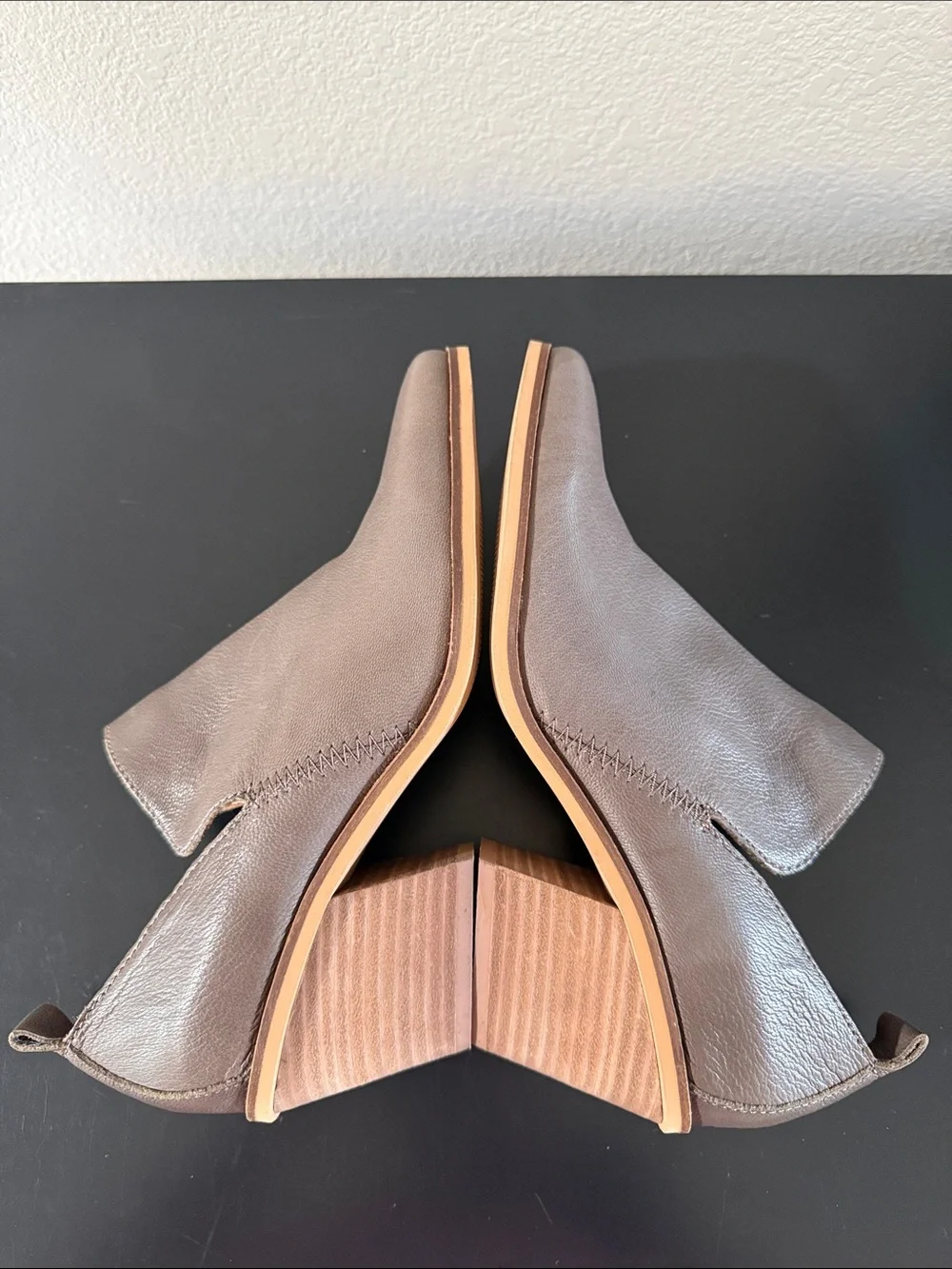 Lucky Brand Victorey Taupe Leather Ankle Booties with Stacked Heel